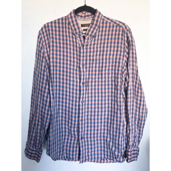 Banana Republic Camden Linen Button Down Plaid Shirt Large Blue Orange Casual - Picture 1 of 4